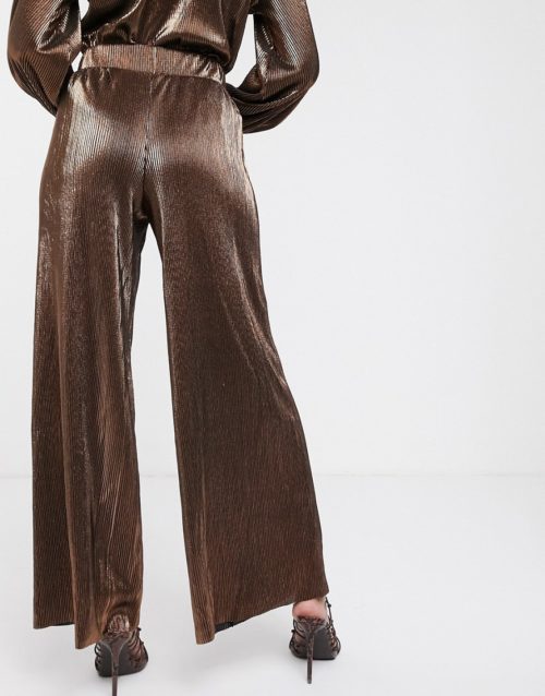 Vero Moda co-ord plisse trousers with wide leg in copper-Brown