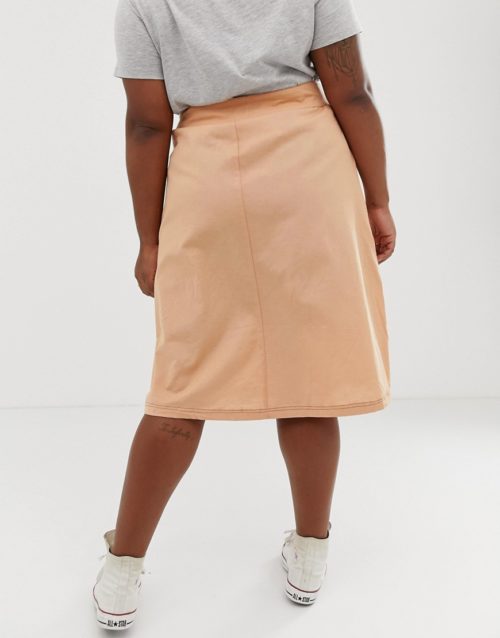 ASOS DESIGN Curve button front midi skirt with tortoise shell belt and contrast stitching-Stone