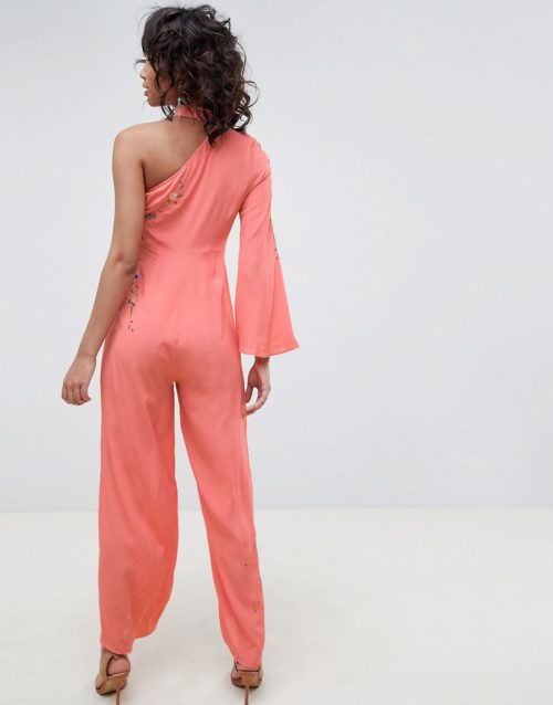 ASOS DESIGN Jumpsuit With Embroidery And One Shoulder-Pink