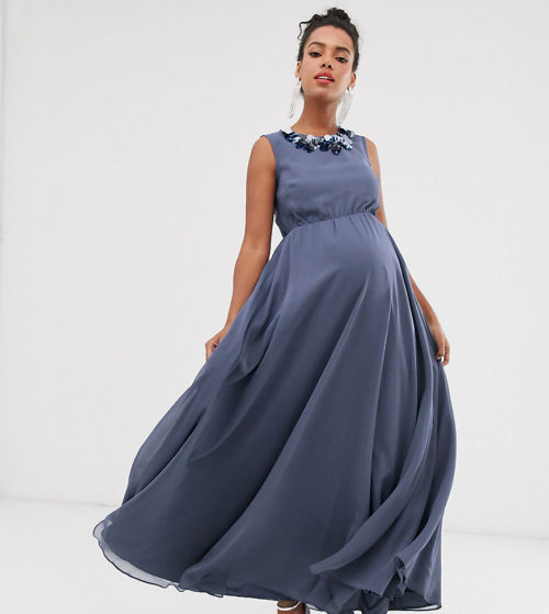 ASOS DESIGN Maternity maxi dress with 3D floral embellished neckline-Blue