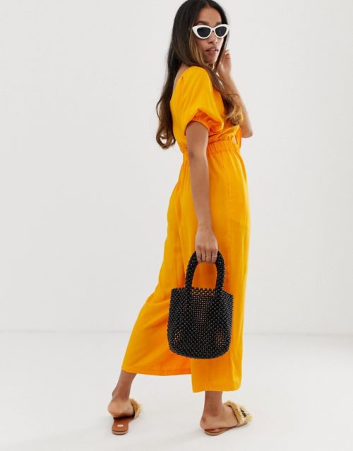 ASOS DESIGN Petite tea jumpsuit with puff sleeve and tie detail-Yellow