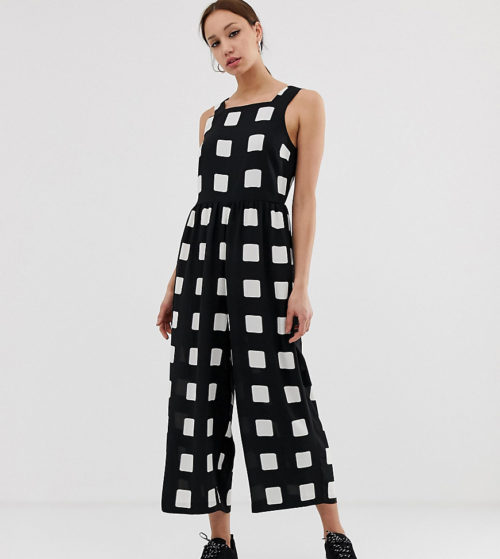 ASOS DESIGN Tall minimal jumpsuit with ruched waist in mono check print-Multi