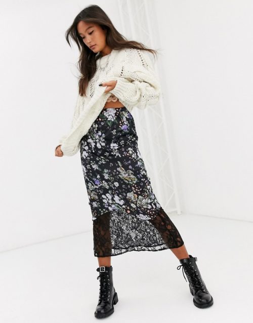 ASOS DESIGN bias cut satin midi slip skirt with lace trim in floral print-Multi