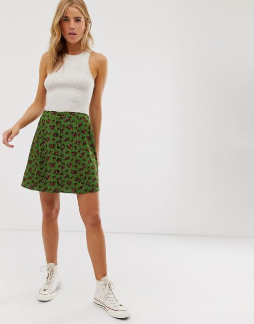 ASOS DESIGN button front mini skirt in green floral print-Multi