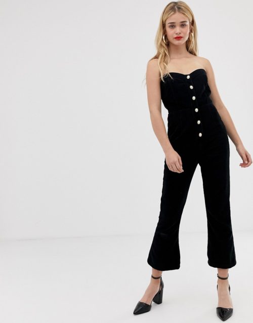 ASOS DESIGN cord bandeau jumpsuit with pearl buttons-Black