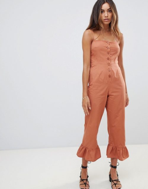 ASOS DESIGN cotton frill hem jumpsuit with square neck and button detail-Red
