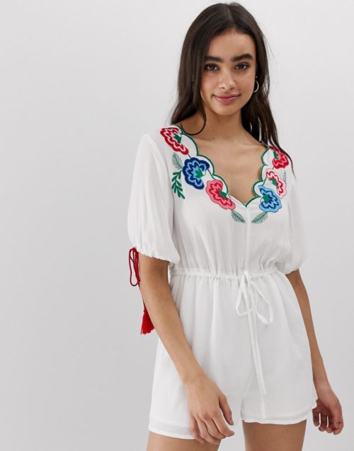 ASOS DESIGN playsuit with embroidery and tie sleeve detail-White