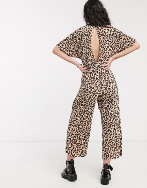 ASOS DESIGN plisse tie front jumpsuit in leopard print-Multi