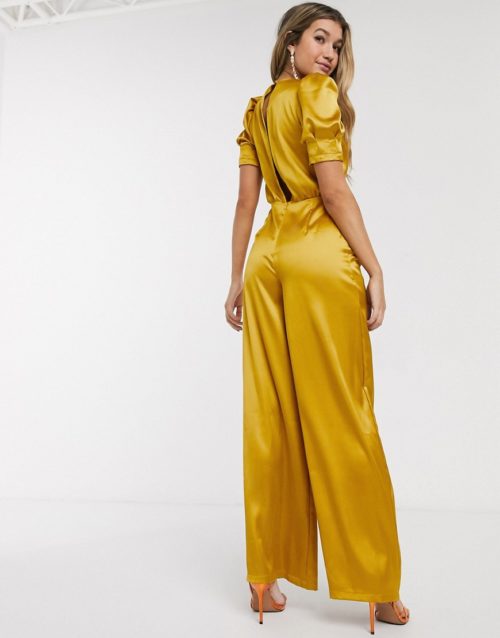 ASOS DESIGN satin tea jumpsuit with ruched front detail-Yellow