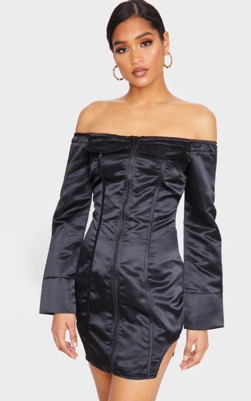 Black Woven Binding Detail Zip Front Bardot Bodycon Dress, Black