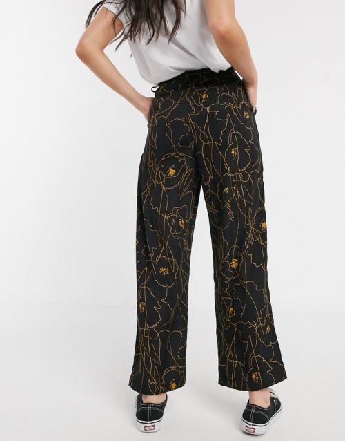 Brave Soul wide leg printed trousers with tie waist-Multi