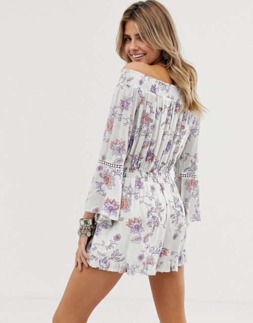 En Creme floral bardot playsuit with lace inserts-White