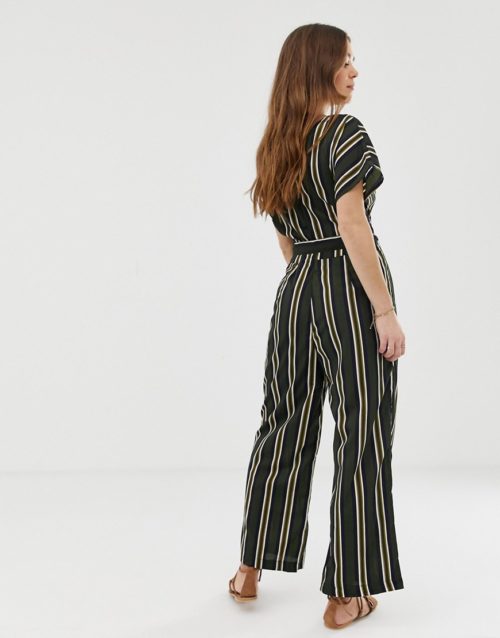Gilli button front jumpsuit with tie waist in stripe-Multi