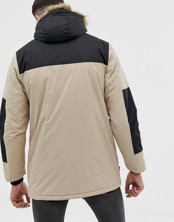 Gym King panelled parka jacket with faux fur trim hood-Beige