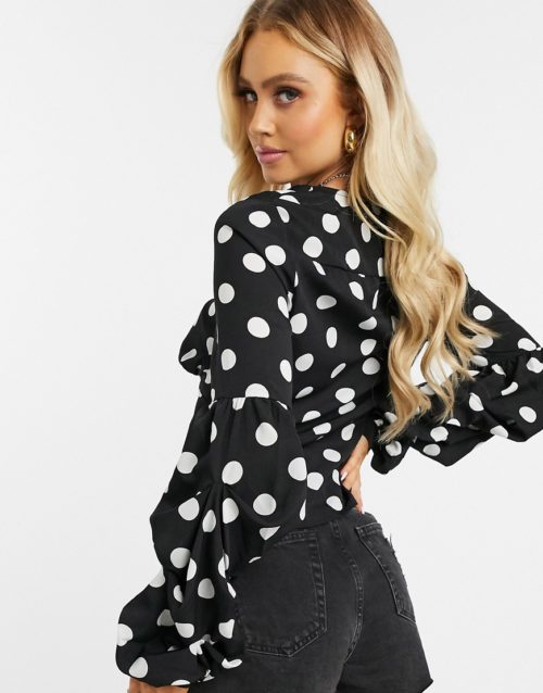 In The Style tie front blouse in polka dot-Multi