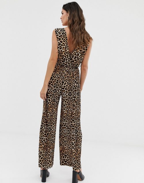 Liquorish wide leg jumpsuit in leopard print-Multi