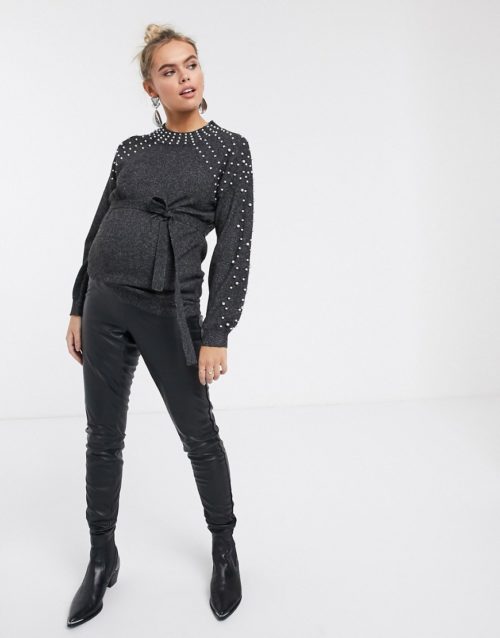 Mamalicious Maternity jumper with pearl detail in dark grey