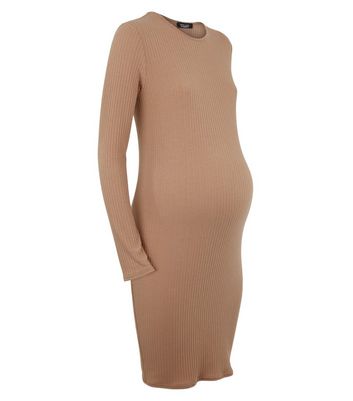 Maternity Camel Ribbed Mini Dress New Look