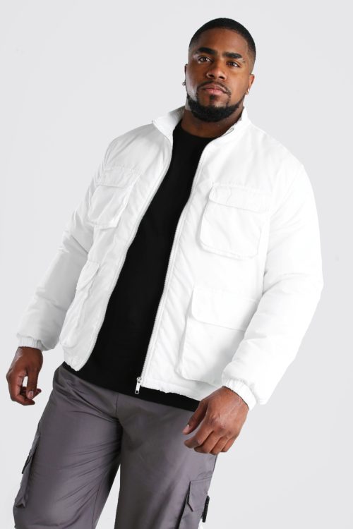 Mens White Big And Tall 4 Pocket Funnel Neck Jacket, White
