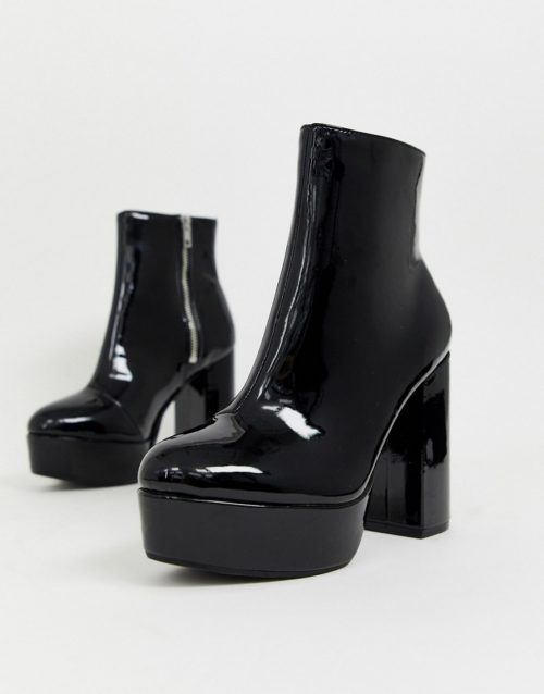 Monki platform faux leather high heel boots in black