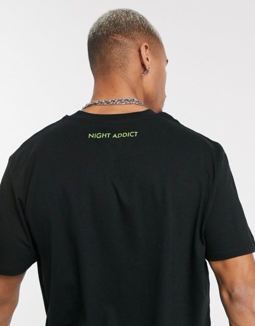 Night Addict play list back print slogan t-shirt-Black
