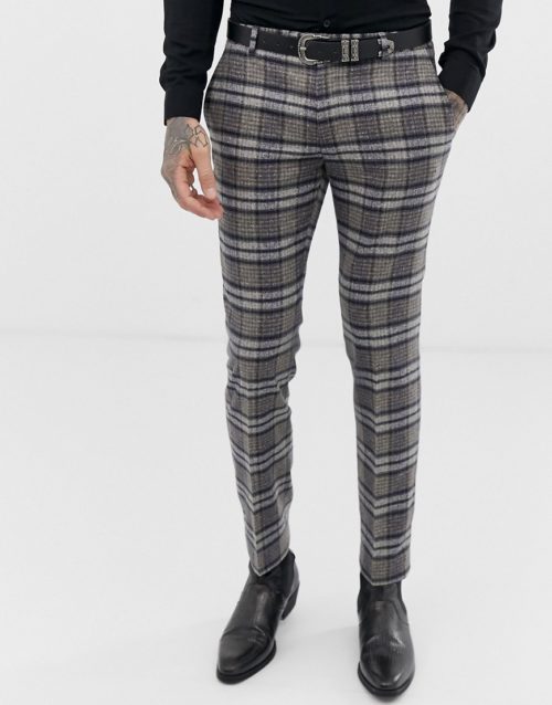 Twisted Tailor super skinny suit trouser in speckled tartan-Grey