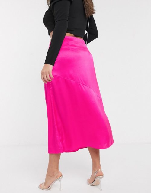Unique 21 panelled satin midi skirt in pink