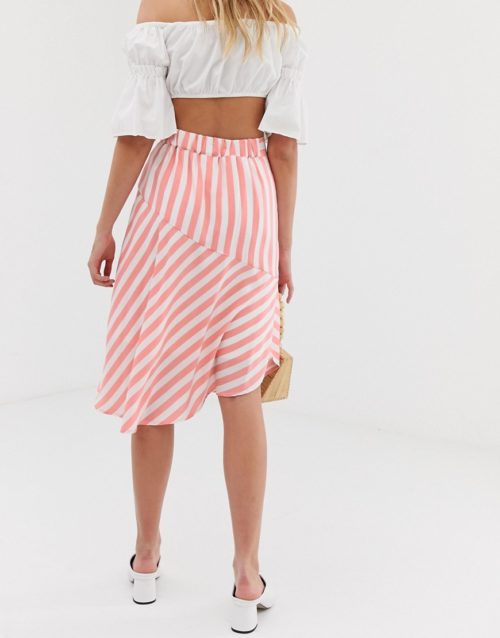 Vila stripe asymmetric hem midi skirt-Orange