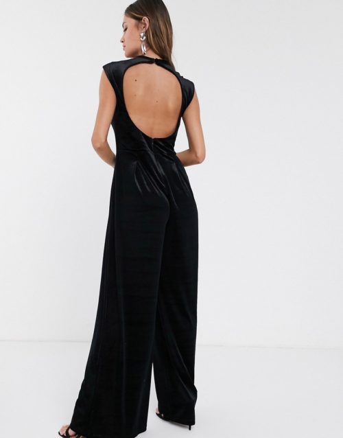 Vila v neck velvet jumpsuit with wide leg in black