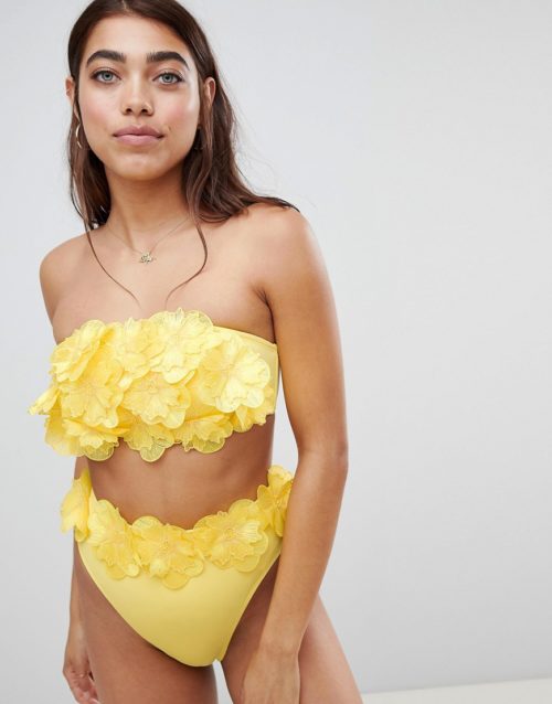 ASOS DESIGN 3D flower high leg high waist bikini bottom-Yellow