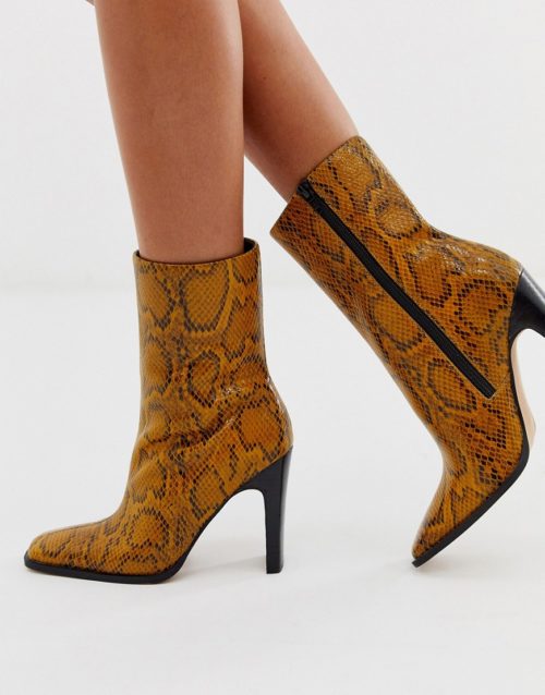 ASOS DESIGN Evolution leather high ankle boots in yellow snake