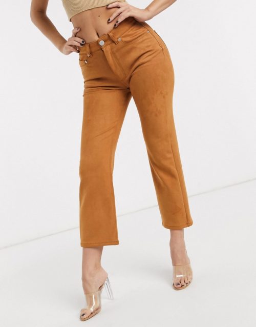 ASOS DESIGN High rise 'effortless' stretch kick flare jeans in faux suede-Brown