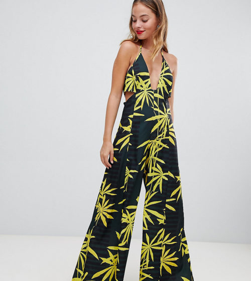 ASOS DESIGN Petite jumpsuit with cut out detail and super wide leg in tropical print-Multi