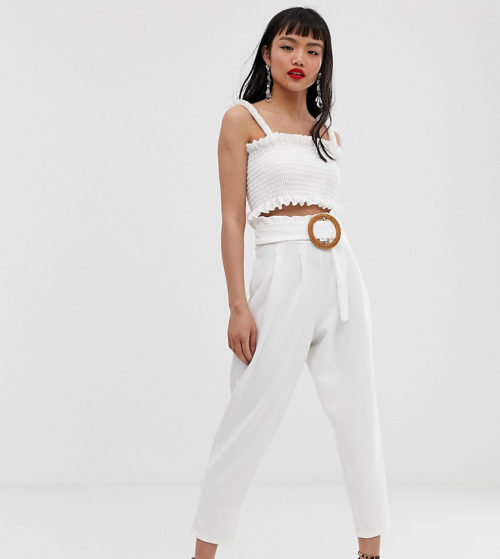 ASOS DESIGN Petite paperbag waist trousers with rattan belt-White