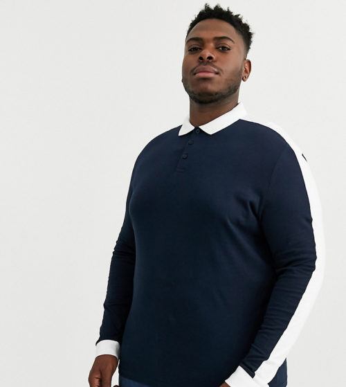 ASOS DESIGN Plus organic long sleeve t-shirt with contrast shoulder panel in navy