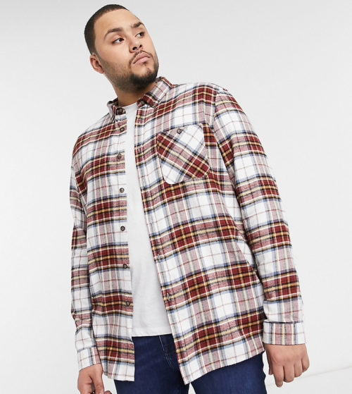 ASOS DESIGN Plus regular fit check shirt with pockets in red and brown