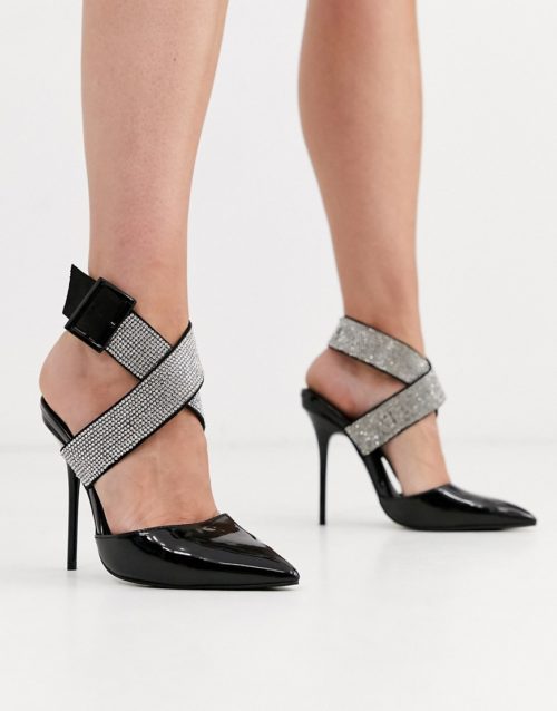ASOS DESIGN Provoke embellished stiletto heels in black patent