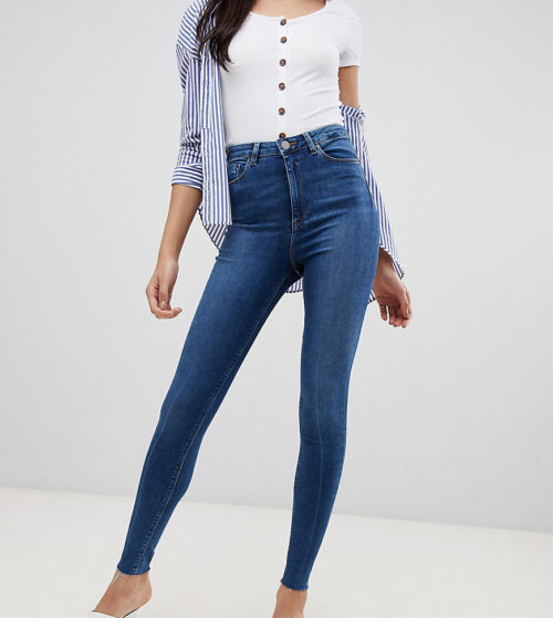 ASOS DESIGN Tall Ridley high waisted skinny jeans in dark stone wash with raw hem detail-Blue