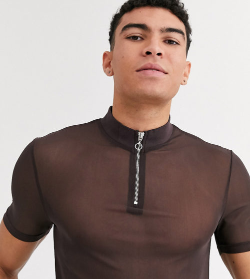 ASOS DESIGN Tall muscle t-shirt with zip neck in fine mesh-Brown