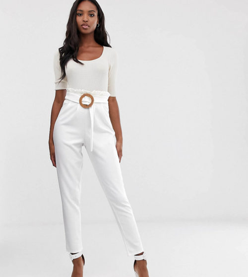 ASOS DESIGN Tall paperbag waist trousers with rattan belt-White