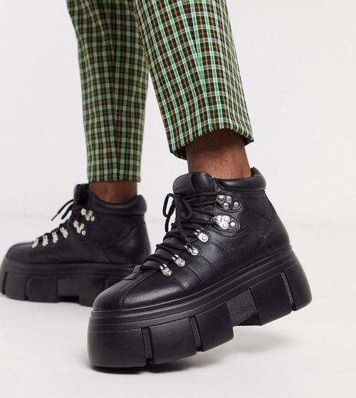 ASOS DESIGN Wide Fit lace up boots in black faux leather with chunky sole