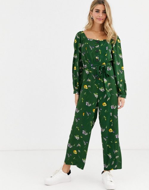 ASOS DESIGN button front tie waist puff sleeve jumpsuit with long sleeves in green floral print-Multi