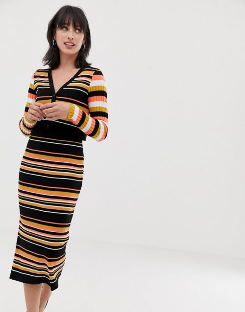 ASOS DESIGN co-ord skinny rib midi skirt in stripe-Multi