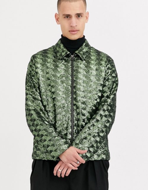 ASOS DESIGN harrington jacket in green sequin