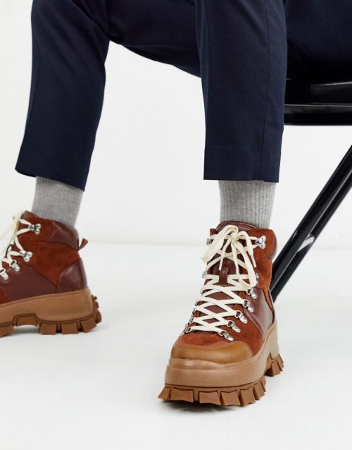 ASOS DESIGN lace up hiker boot in tan with chunky cleated sole