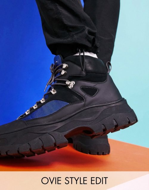 ASOS DESIGN lace up hiker boots in black faux leather on chunky sole-Grey