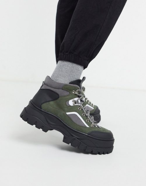 ASOS DESIGN lace up hiker boots in khaki faux suede on chunky sole-Green