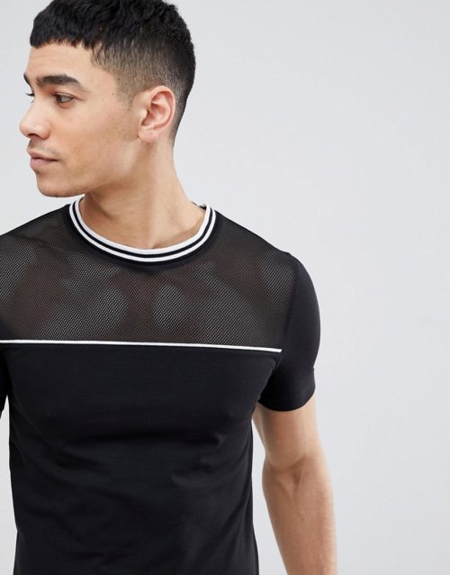 ASOS DESIGN muscle t-shirt with stretch mesh front and tipping in black