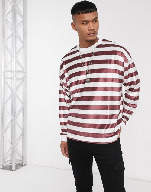 ASOS DESIGN oversized long sleeve stripe t-shirt in velour-Red