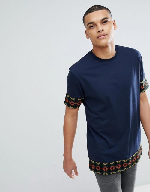 ASOS DESIGN relaxed longline t-shirt with Aztec taping in navy